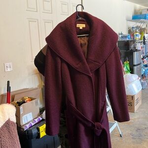 Beautiful purple shawl collar coat with belt and front pockets